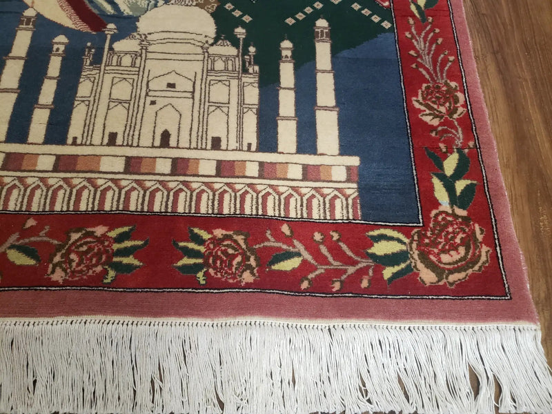 Vintage Small Pictorial Lovers Rug 2.5 x 4, Taj Mahal Indo Persian Rug, Wool Hand-Knotted Indian Rug, King & Queen, Layla and Majnun by Jewel Rugs