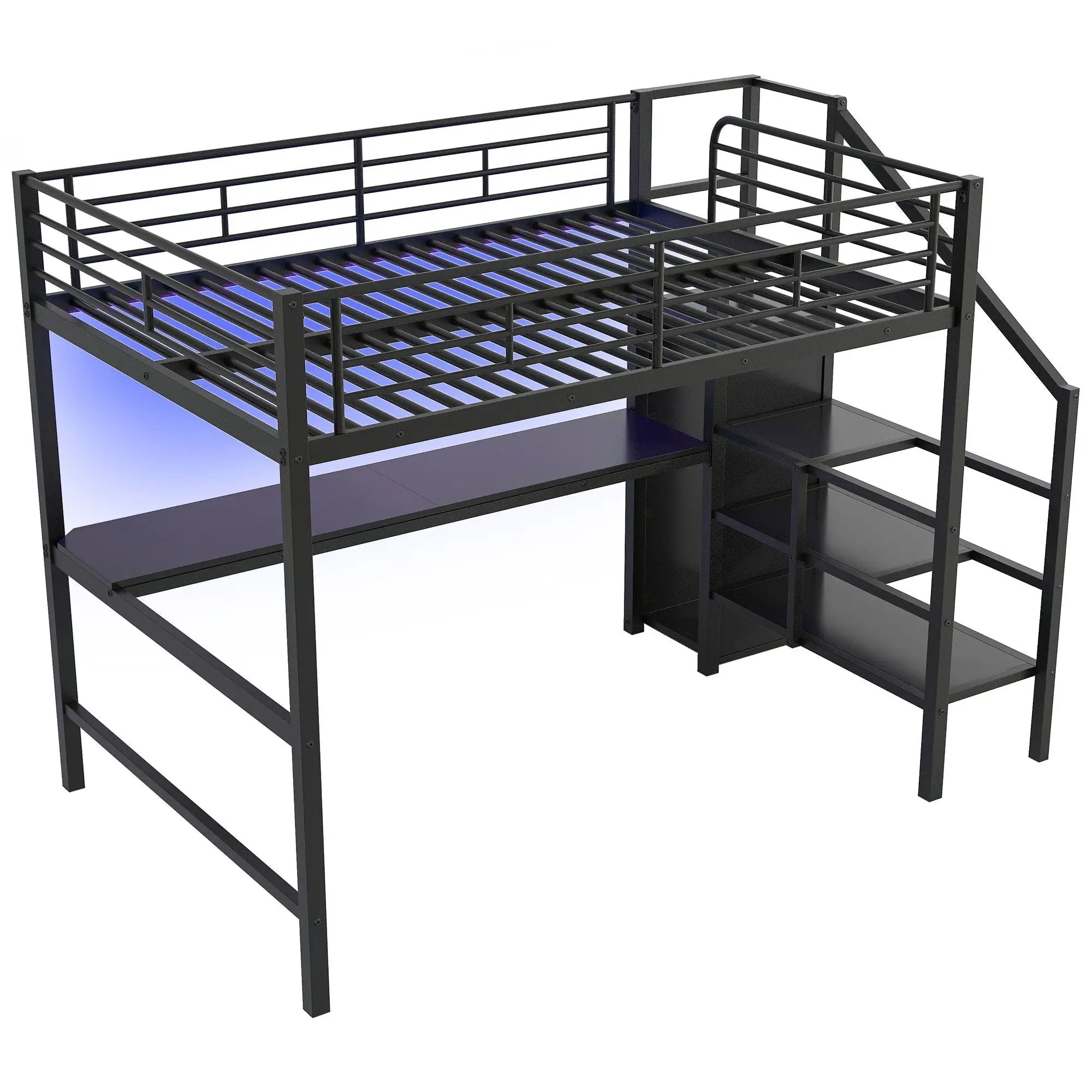 Full Size Loft Bed With Desk, Storage Staircase, Small Wardrobe And LED Light - Black by HouseOfZazla
