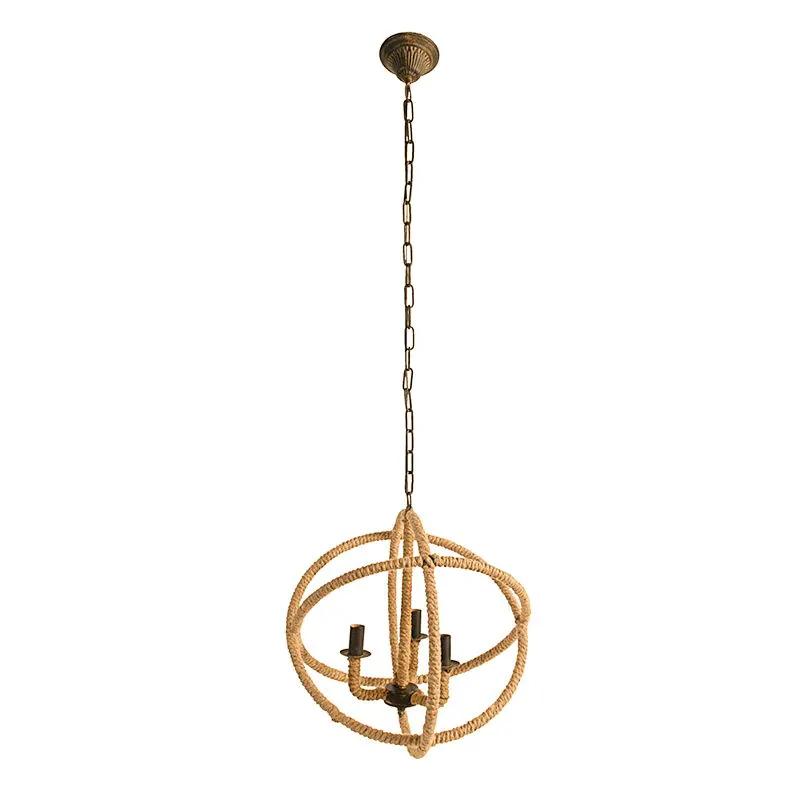 3 Light Farmhouse Chandelier, Rope Chandelier Globe Hanging Light Fixture With With Adjustable Chain For Kitchen, Bulb Not Included - Beige Brown by Unique Piece Furniture