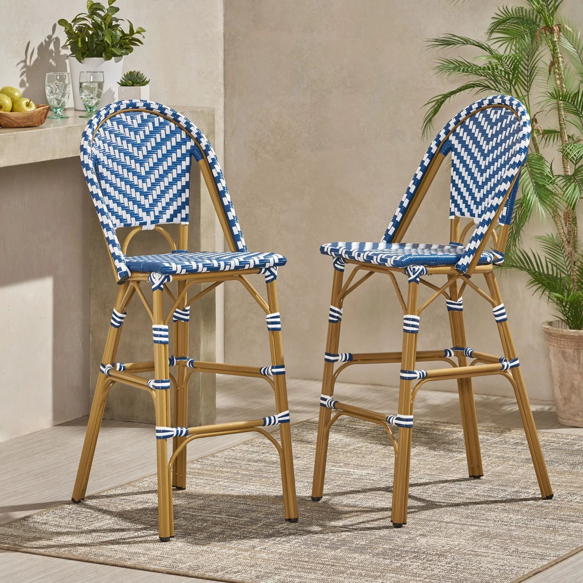 Outdoor Rattan French Barstool Set - Navy Blue & White by HouseOfZazla