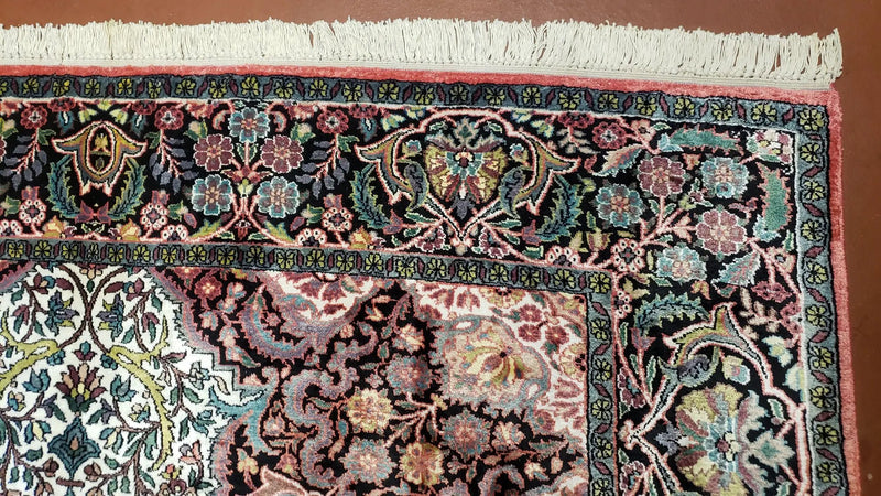 Indian Kashmiri Silk Rug 6x10, Ivory, Floral Medallion by Jewel Rugs