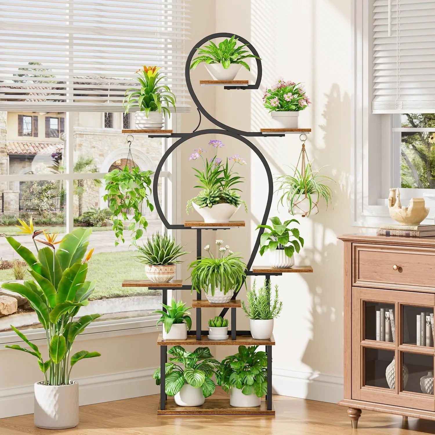 Plant Stand Indoor With Grow Light, 9 Tiered 63" Tall Indoor Plant Shelves For Multiple Plants - Walnut / Black by Unique Piece Furniture