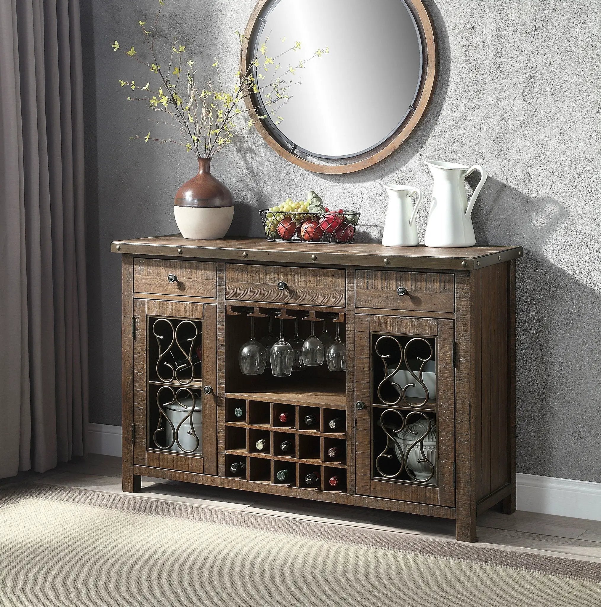 Raphaela Server With Cup Holder & Wine Rack - Cherry by HouseOfZazla