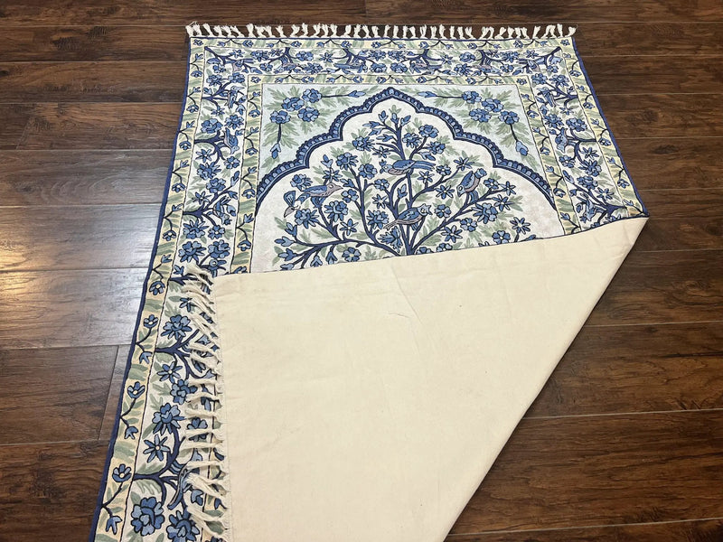 Tree of Life Indian Hand Stitched Rug 4x6, Indian Wall Hanging Rug, Ivory Blue, Silk on Cotton, Vintage by Jewel Rugs