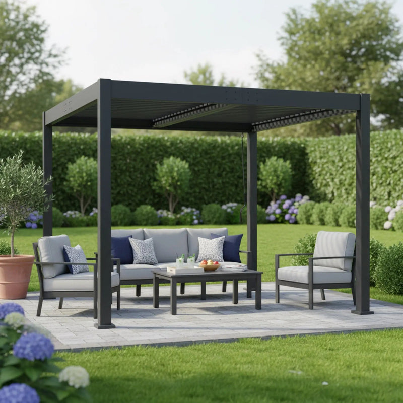 Byron Black Outdoor Pergola Aluminum with Adjustable Louvered Roof by HouseOfZazla