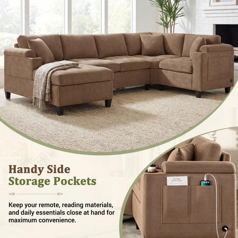 U Shaped Sectional Sofa, Corner Living Room Couch With Built In Cup Holders, Storage, USB Ports by HouseOfZazla
