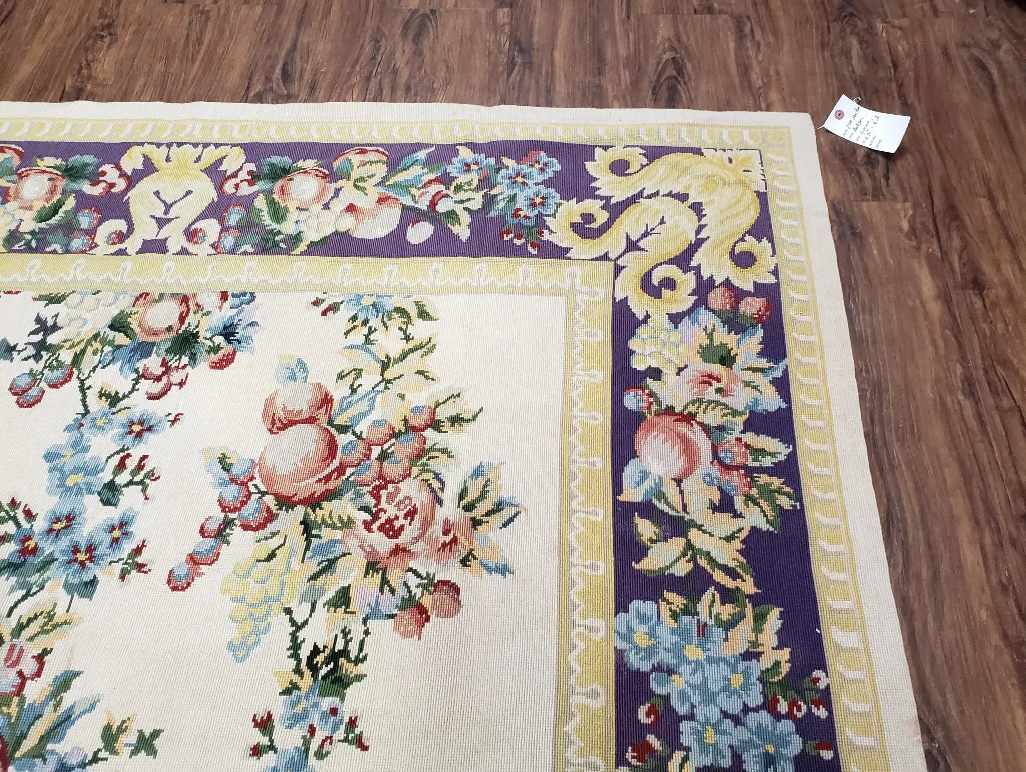 Vintage Chinese Floral Needlepoint Area Rug 6x9, Wool Hand-Woven Handmade Flatweave Rug, Ivory & Purple, Fruits Grapes Apples, Dining Room by Jewel Rugs