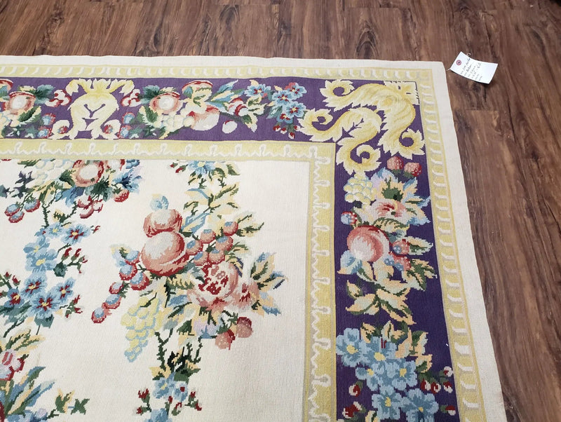 Vintage Chinese Floral Needlepoint Area Rug 6x9, Wool Hand-Woven Handmade Flatweave Rug, Ivory & Purple, Fruits Grapes Apples, Dining Room by Jewel Rugs