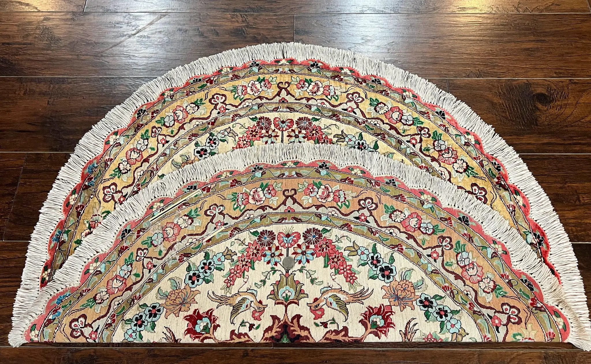 Silk Persian Tabriz Round Rug 3x3 ft, Very Fine Hand Knotted Carpet 380 KPSI, Cream & Gold, Bird Pictorials, Floral, Rare by Jewel Rugs
