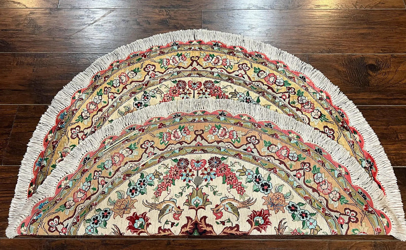 Silk Persian Tabriz Round Rug 3x3 ft, Very Fine Hand Knotted Carpet 380 KPSI, Cream & Gold, Bird Pictorials, Floral, Rare by Jewel Rugs
