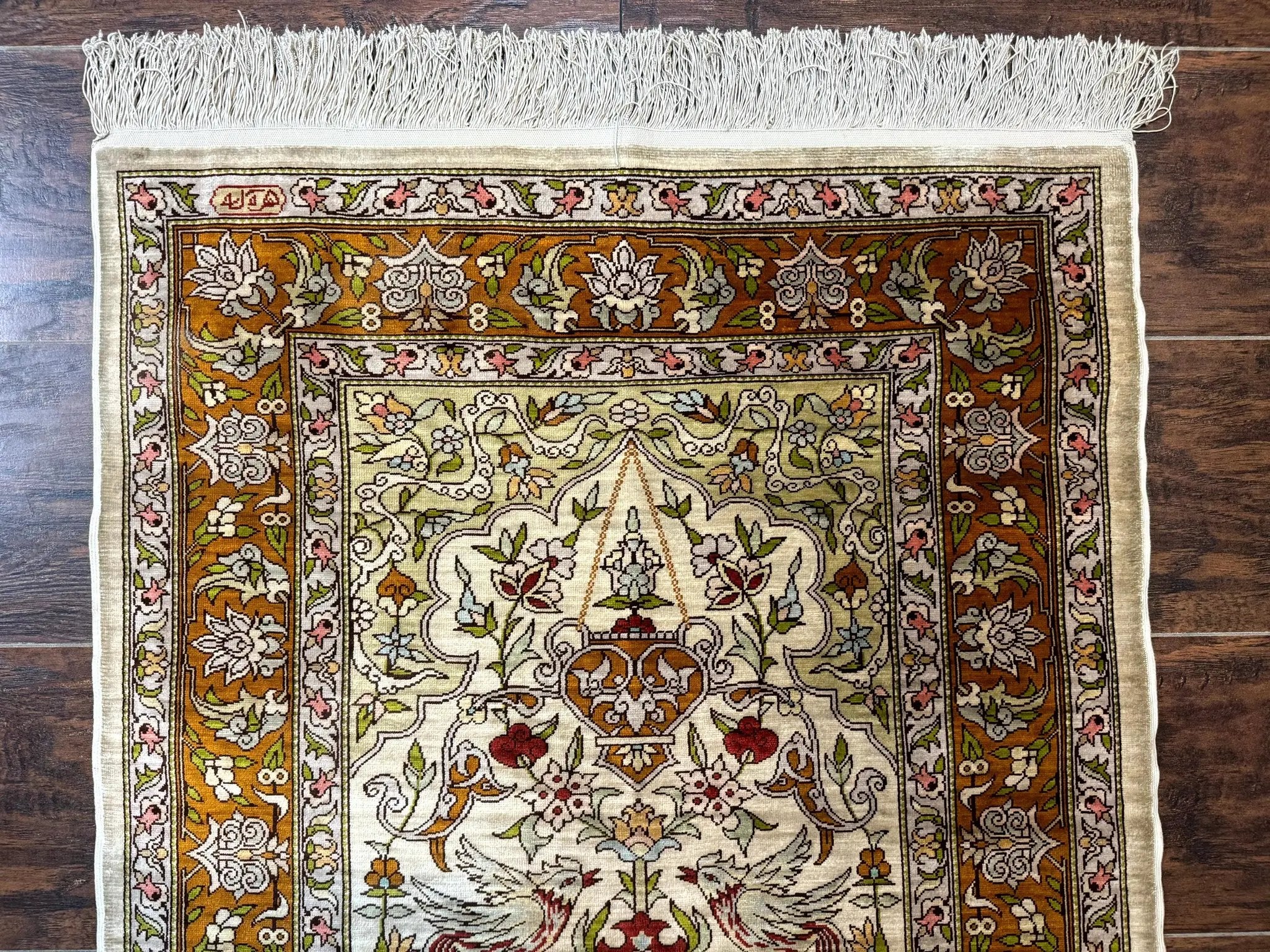 Silk Turkish Hereke Rug 2x3, Birds Lantern Very Fine 400 KPSI, Signed by Masterweaver, Wonderful, Rare, Small Hereke Rug by Jewel Rugs