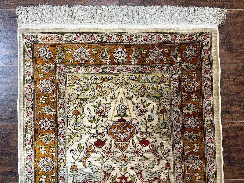 Silk Turkish Hereke Rug 2x3, Birds Lantern Very Fine 400 KPSI, Signed by Masterweaver, Wonderful, Rare, Small Hereke Rug by Jewel Rugs
