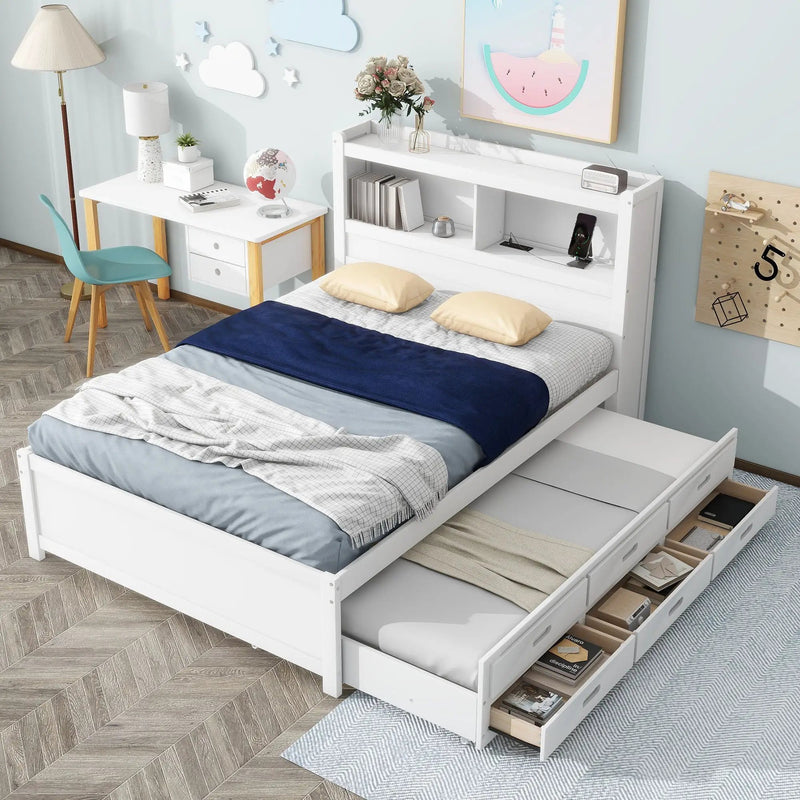 Full Size Platform Bed With Trundle, Drawers, USB Ports And Built In Shelves - White by Unique Piece Furniture