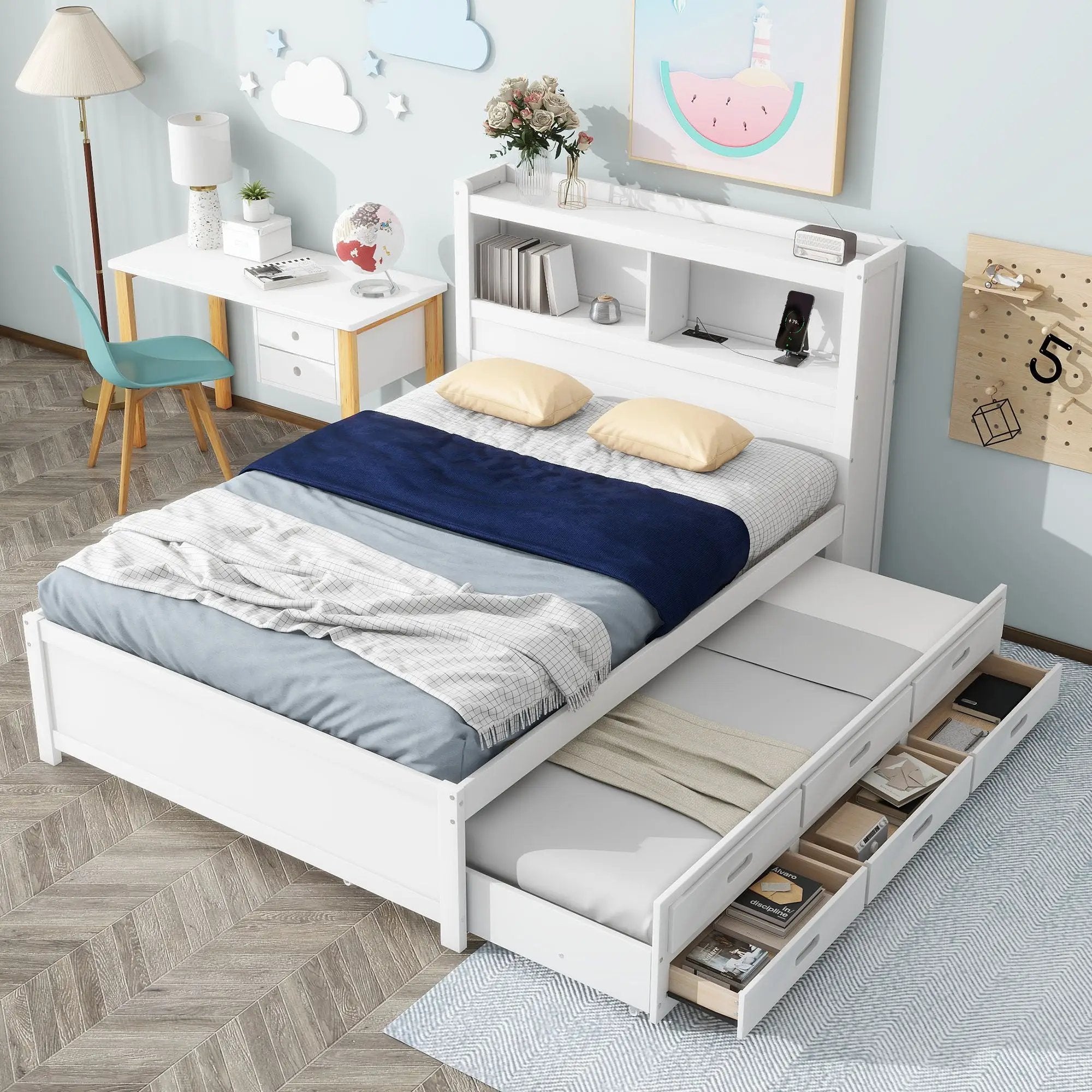 Full Size Platform Bed With Trundle, Drawers, USB Ports And Built In Shelves - White by HouseOfZazla