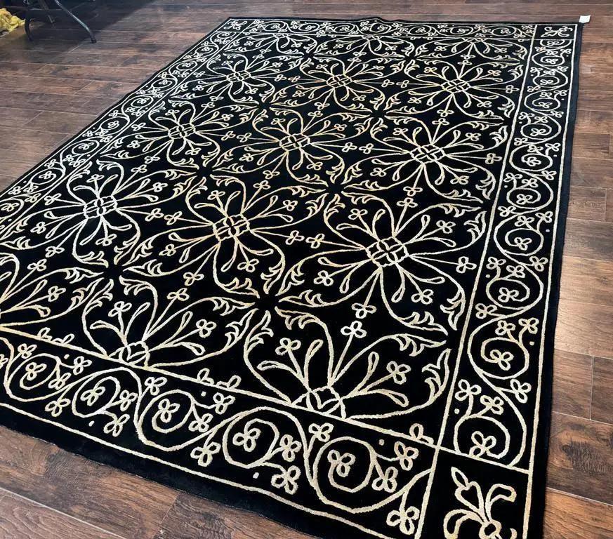 Tibetan Rug 8x10, Wool and Silk, Raised Pattern, Black and Gold, Floral by Jewel Rugs
