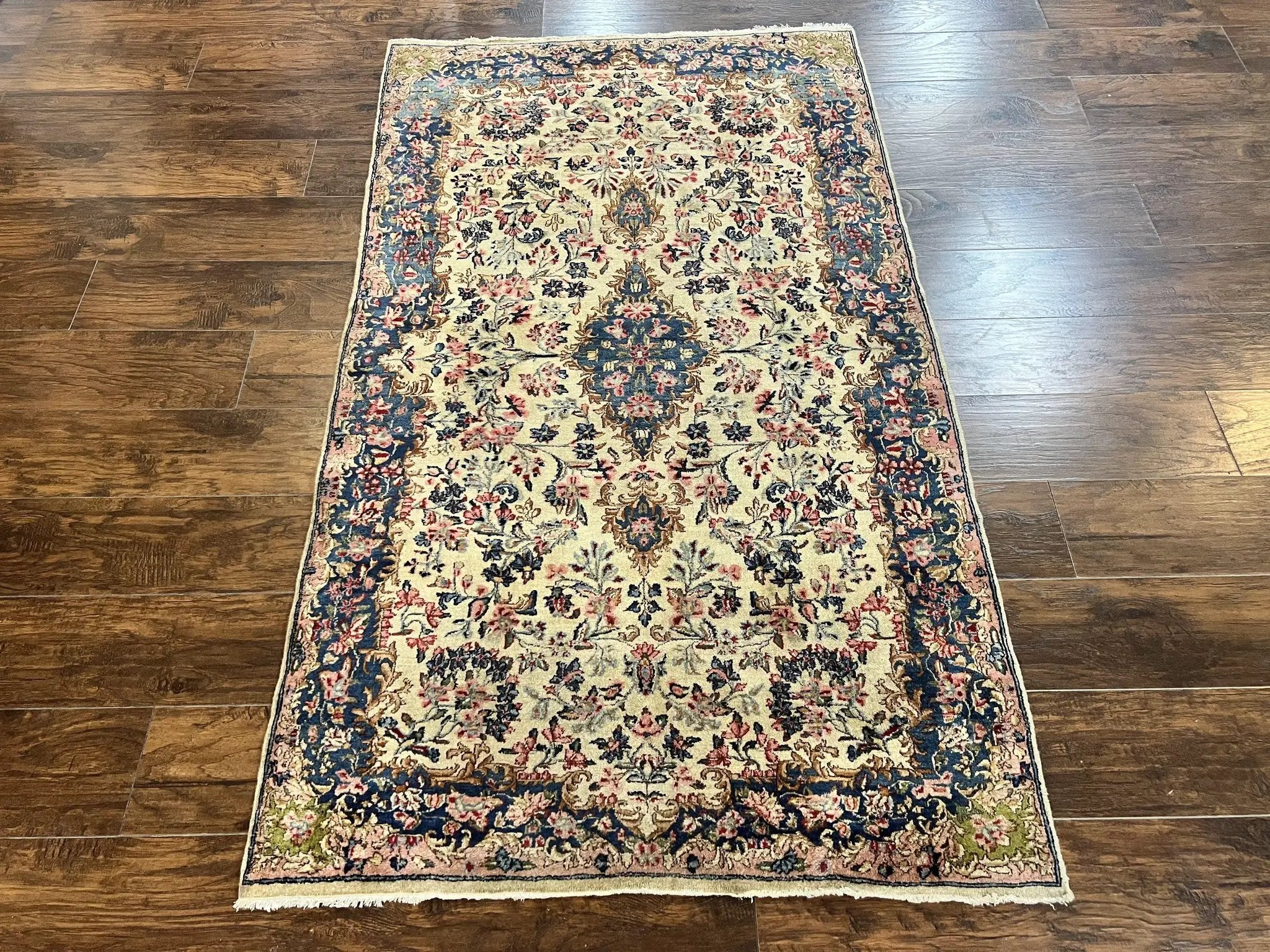 Antique Persian Kirman Rug 4x7, Cream and Navy Blue, Hand Knotted Wool Floral Carpet by Jewel Rugs