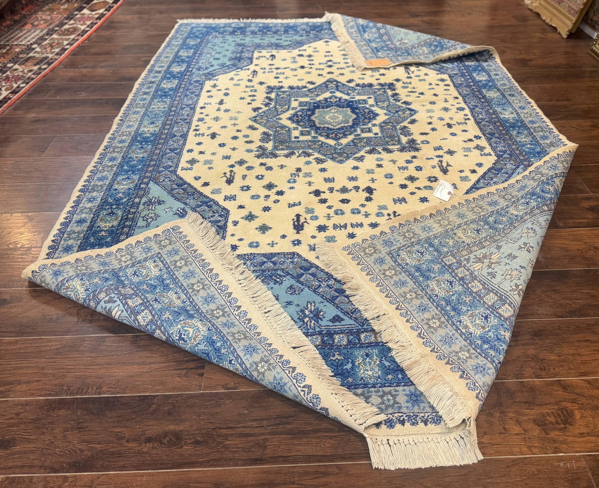 Moroccan Rug 7x10, Geometric Medallion, Blue and Ivory by Jewel Rugs