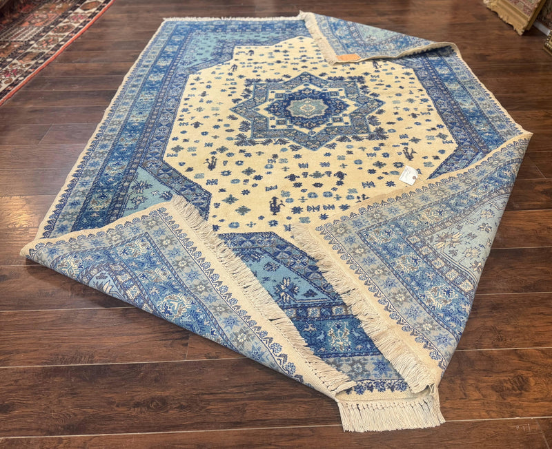 Moroccan Rug 7x10, Geometric Medallion, Blue and Ivory by Jewel Rugs