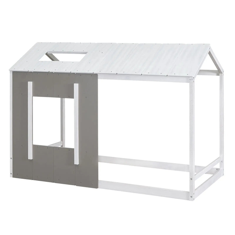 Twin Size House Platform Bed With Roof And Window - Natural / White by HouseOfZazla