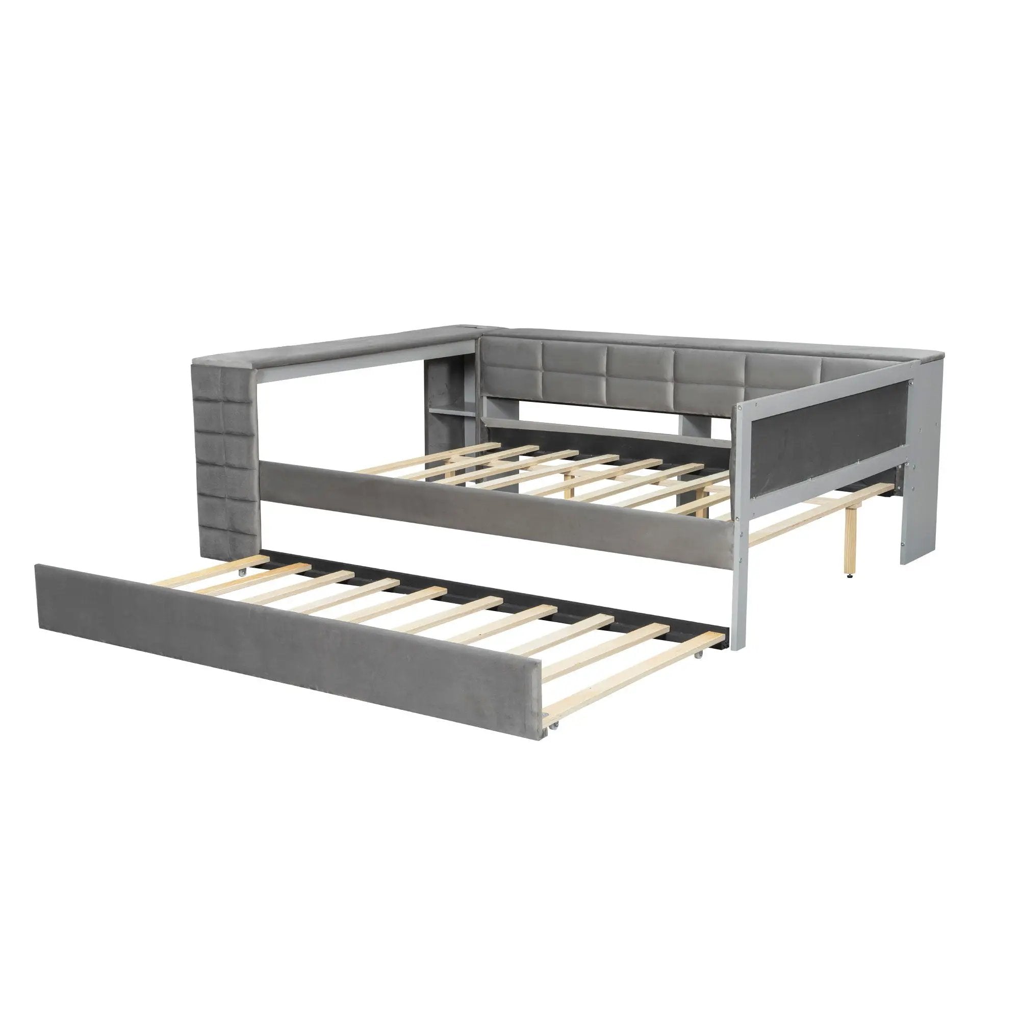 Upholstered Platform Bed With Storage Shelves, Desk, Charging Station And Trundle