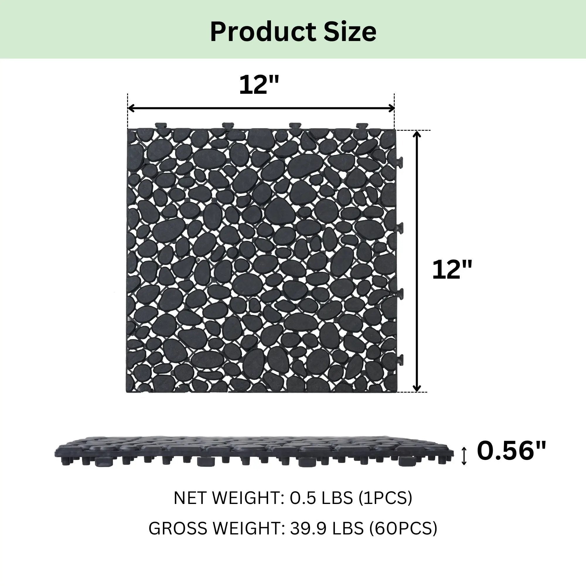 Interlocking Deck Tiles Plastic Waterproof Outdoor All Weather Anti-Slip Bathroom Shower Balcony Porch Strong Weight Capacity Upto 440 Lbs, Pebble Stone Pattern by HouseOfZazla