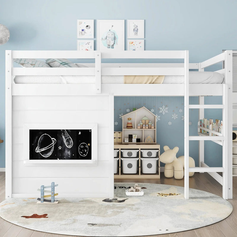 Full Size Loft Bed With Sliding Chalkboard & Bookshelf by HouseOfZazla