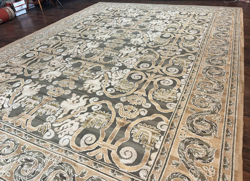 Spanish Rug 11x14, Wool Hand Knotted Vintage Carpet, Olive Green and Beige, Floral Allover, European Design, 11 x 14 Rug by Jewel Rugs