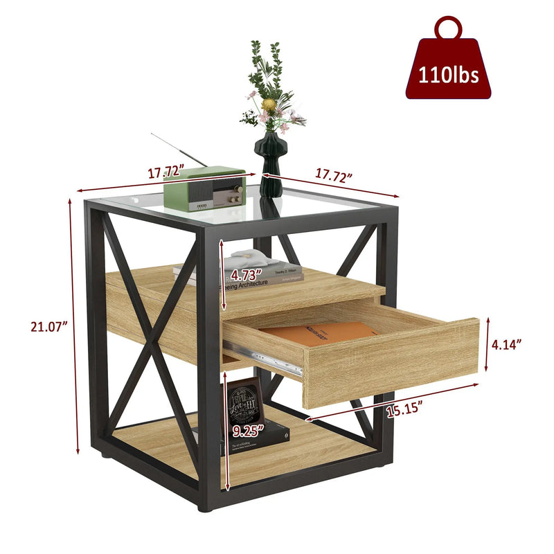 1 Piece Modern End Table with Drawer - Natural Wood & Tempered Glass by HouseOfZazla