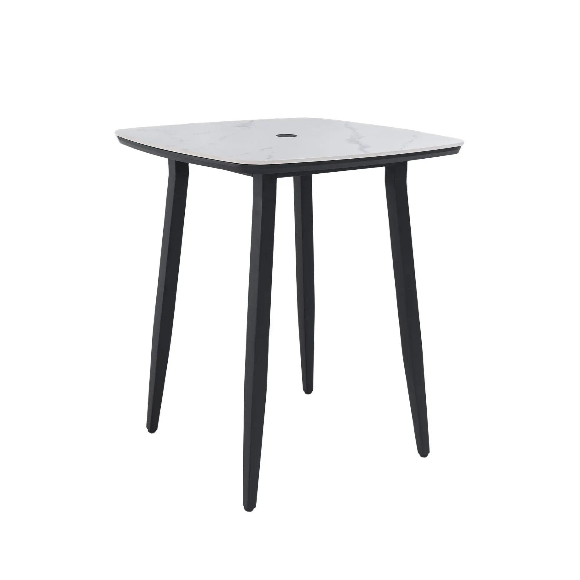 Outdoor Bar Table, Rounded Square Sintered Stone Top With Umbrella Hole, Rust Free Frame, Weatherproof - Ember Black / White by HouseOfZazla