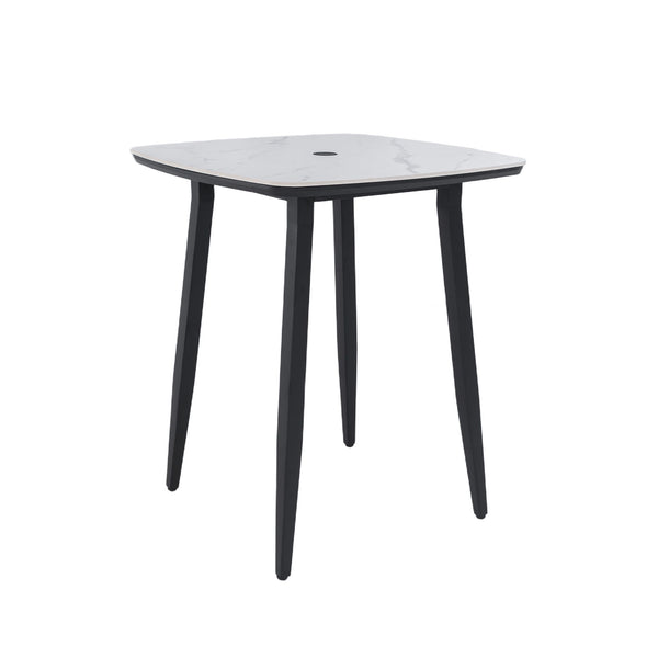 Outdoor Bar Table, Rounded Square Sintered Stone Top With Umbrella Hole, Rust Free Frame, Weatherproof - Ember Black / White