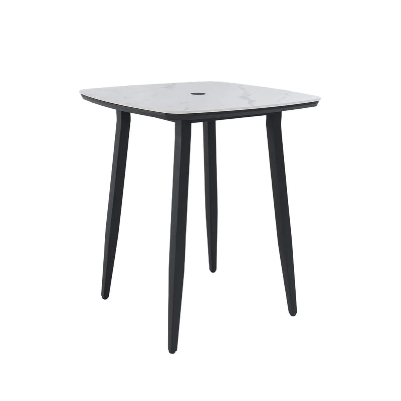 Outdoor Bar Table, Rounded Square Sintered Stone Top With Umbrella Hole, Rust Free Frame, Weatherproof - Ember Black / White by HouseOfZazla