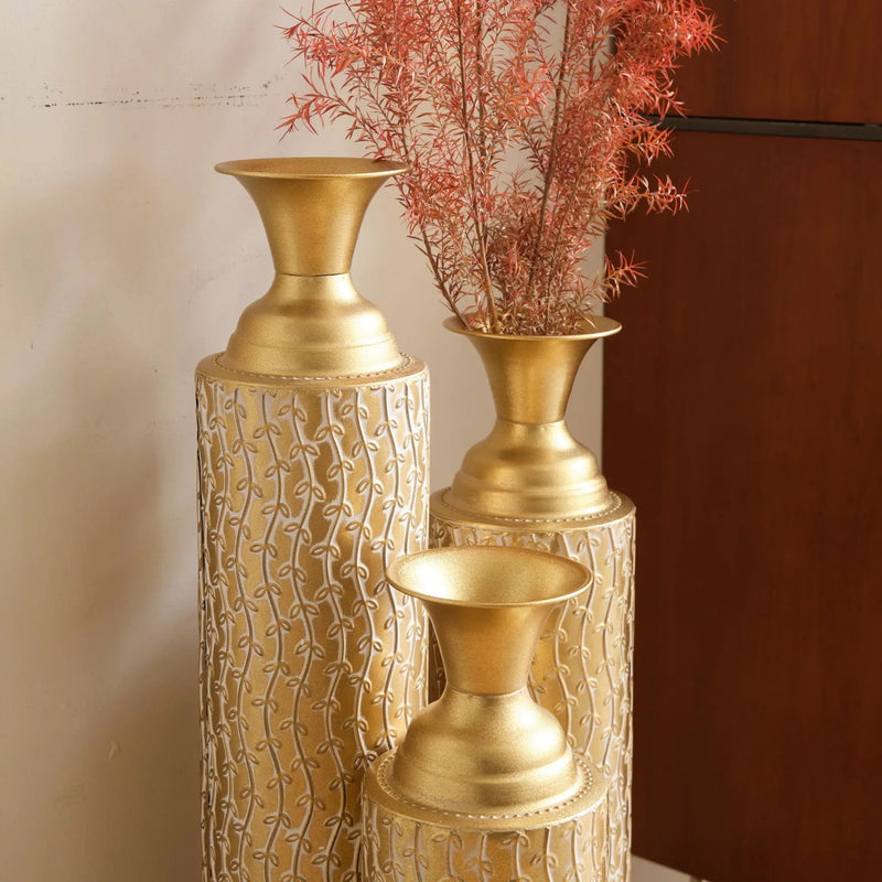 Metal Decorative Vases High Distress Metal Center Vases With Growing Vine Patterns, (Set of 3) Vases For Home Decoration - Gold by HouseOfZazla