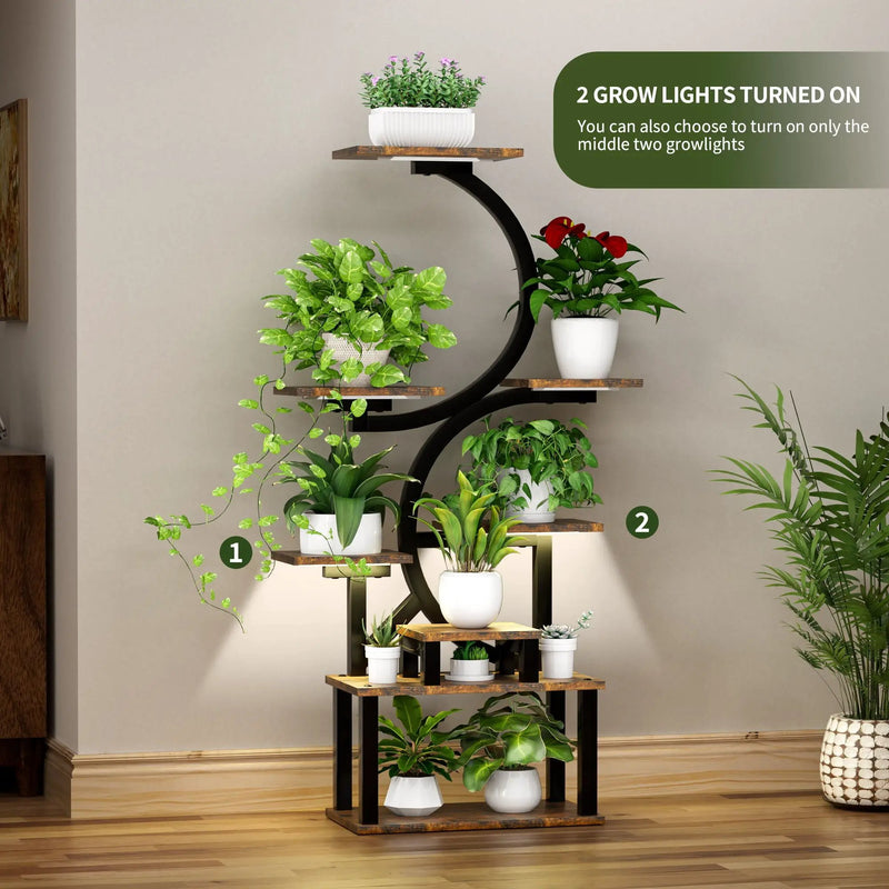 8 Tier Indoor Plant Stand With 5 Grow Lights For Living Room - Rustic Brown by HouseOfZazla