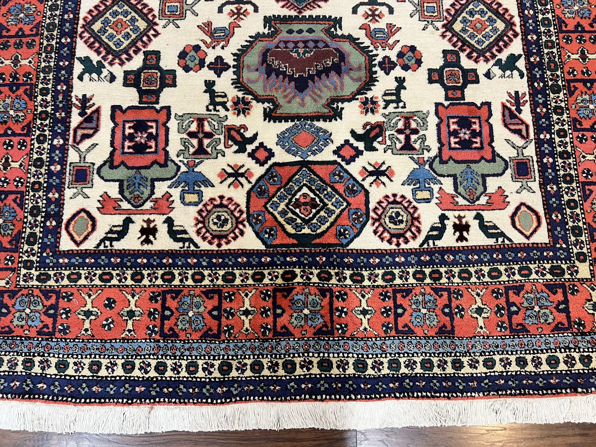 Persian Tribal Rug 8x11, Persian Ardabil Rug, Geometric Medallion Animal Pictorial Rug, Ivory Red Blue, Hand Knotted Vintage Wool Carpet by Jewel Rugs