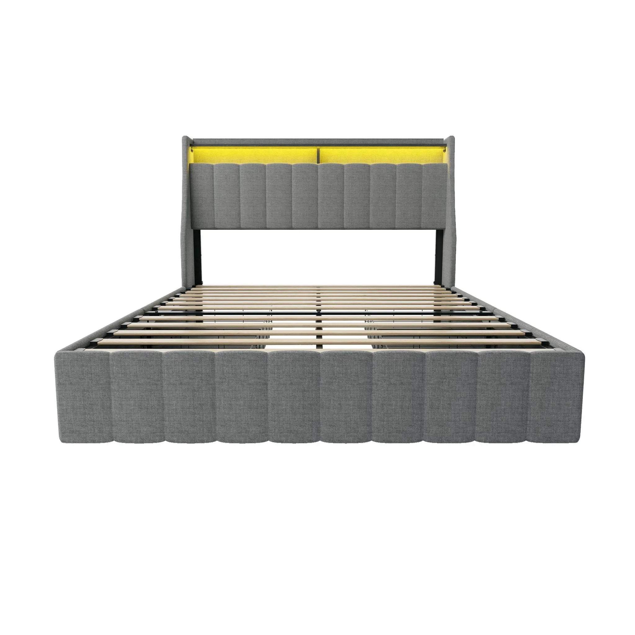 Queen Size Bed Frame With LED Lighting, Winged Headboard With Storage Drawers - Light Gray by Unique Piece Furniture