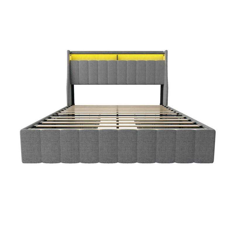 Queen Size Bed Frame With LED Lighting, Winged Headboard With Storage Drawers - Light Gray