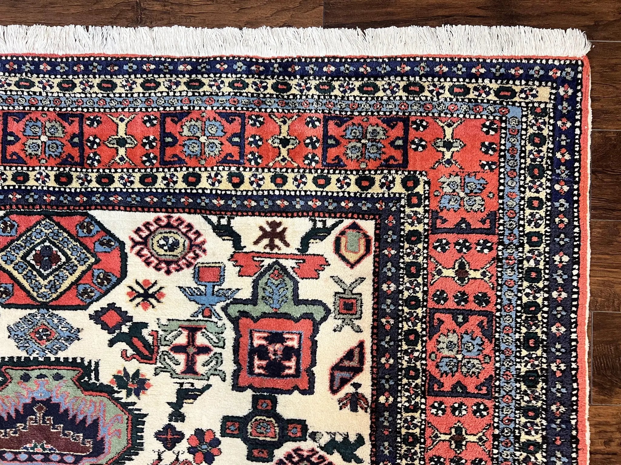 Persian Tribal Rug 8x11, Persian Ardabil Rug, Geometric Medallion Animal Pictorial Rug, Ivory Red Blue, Hand Knotted Vintage Wool Carpet by Jewel Rugs