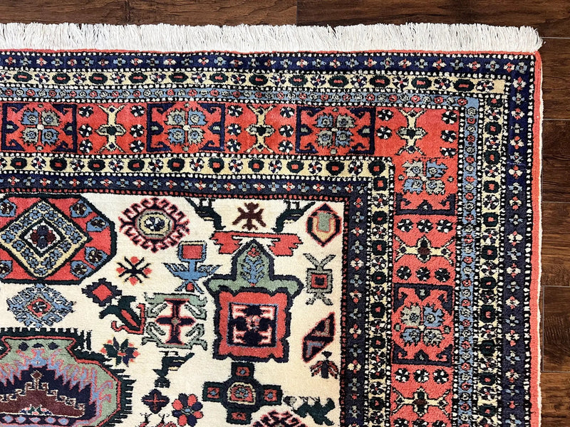 Persian Tribal Rug 8x11, Persian Ardabil Rug, Geometric Medallion Animal Pictorial Rug, Ivory Red Blue, Hand Knotted Vintage Wool Carpet by Jewel Rugs