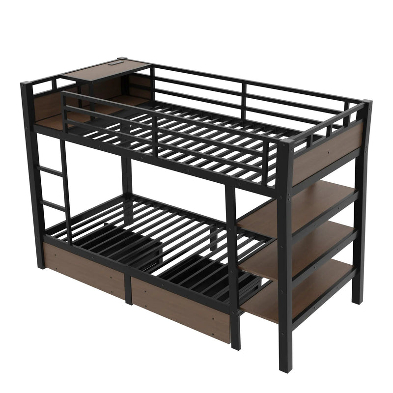 Twin Size Metal Bunk Bed with Storage Shelves, LED Light Strip, and USB Power Strip by HouseOfZazla
