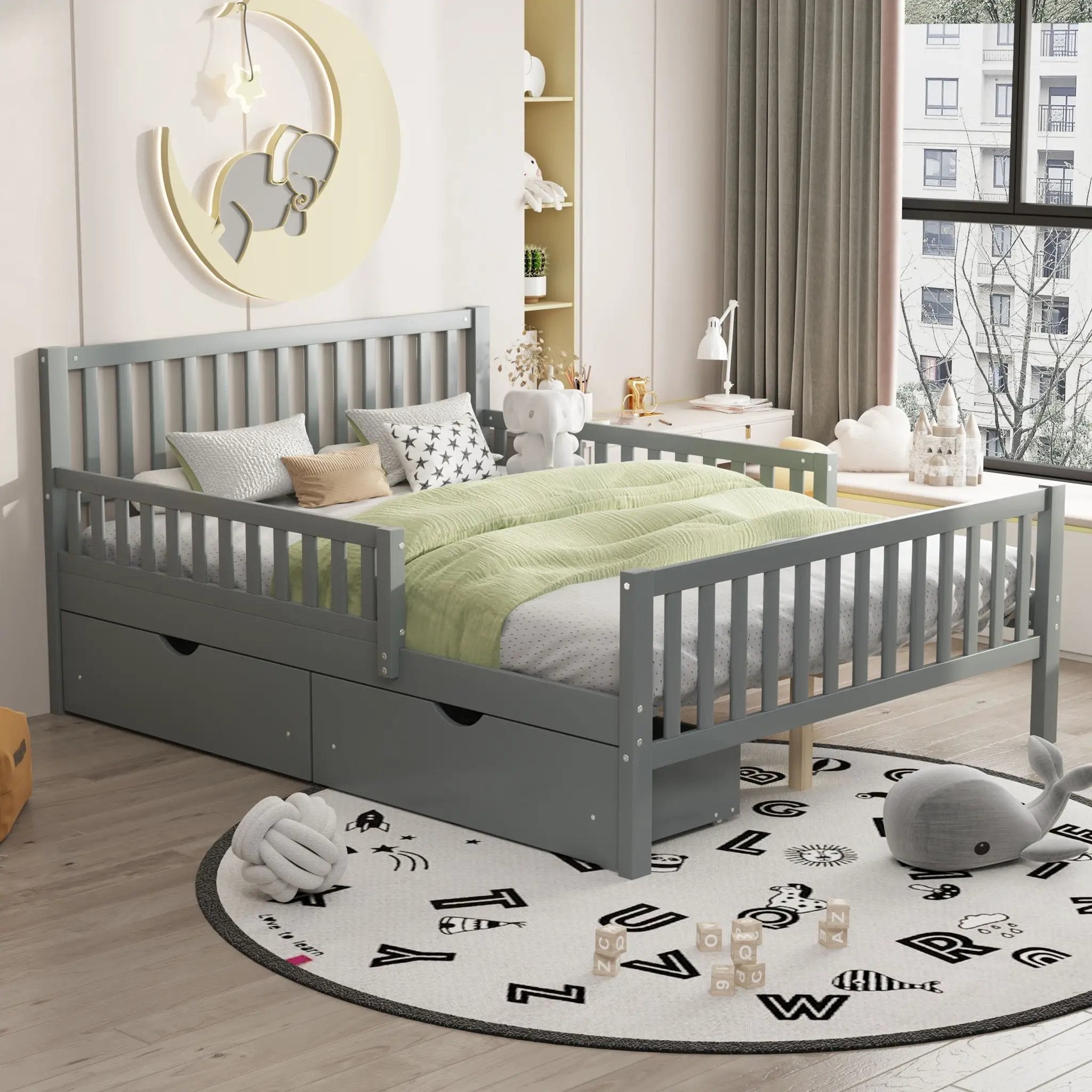 Platform Bed With Guardrails On Both Sides And 2 Storage Drawers by HouseOfZazla