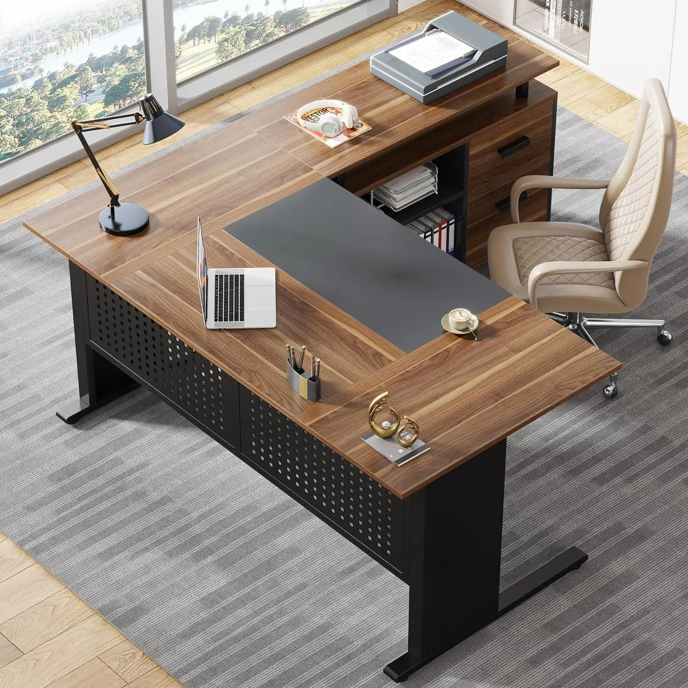 L-Shaped Executive Desk With File Cabinet, Office Workstation With Drawers, Shelves & Storage by HouseOfZazla