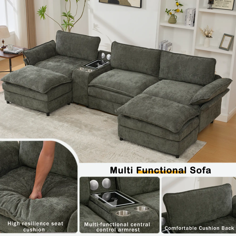 U Shaped Modular Sectional Sofa with Storage Console & Bluetooth Speakers by HouseOfZazla