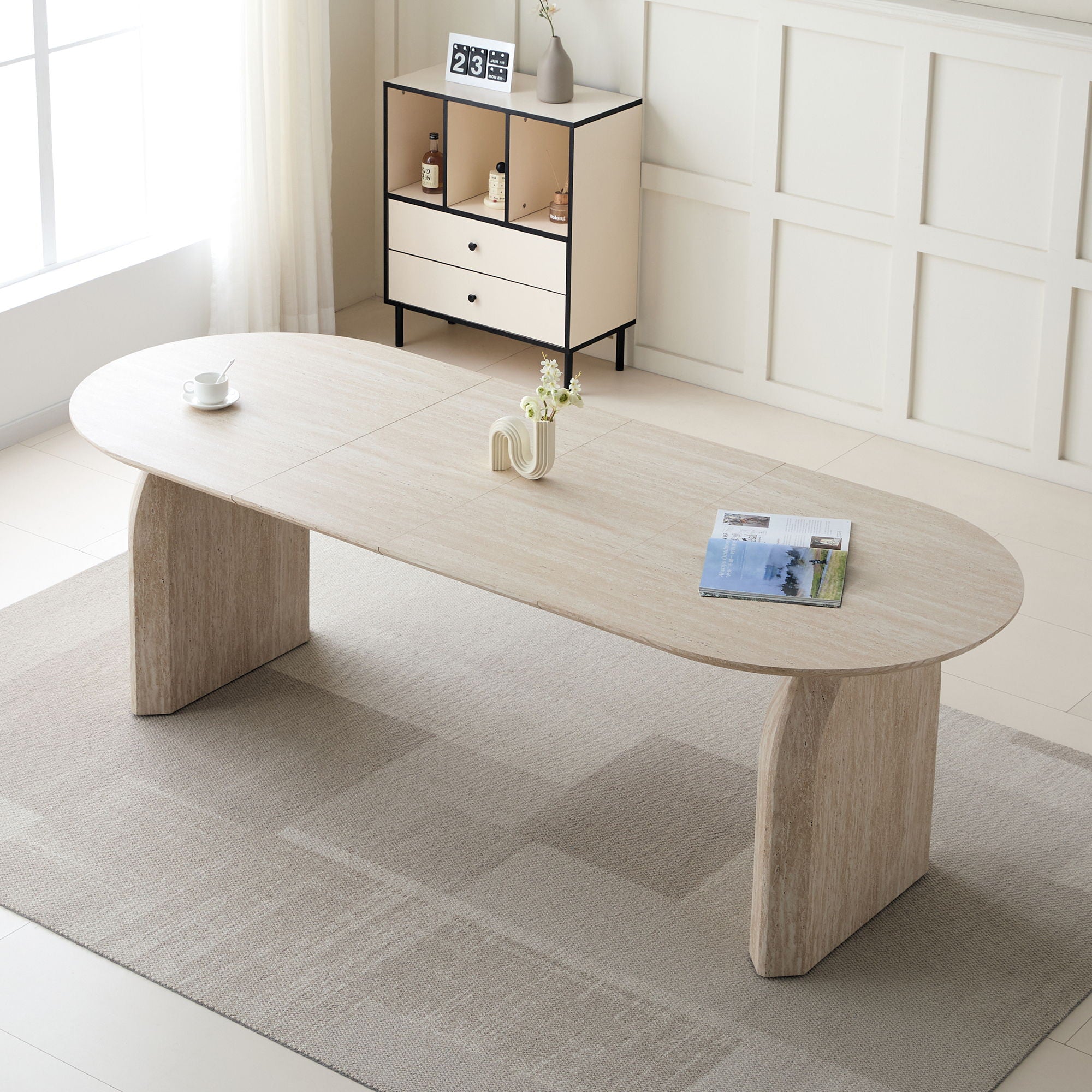Oval Extendable Dining Table With Dual Pillar Design - Off White by HouseOfZazla