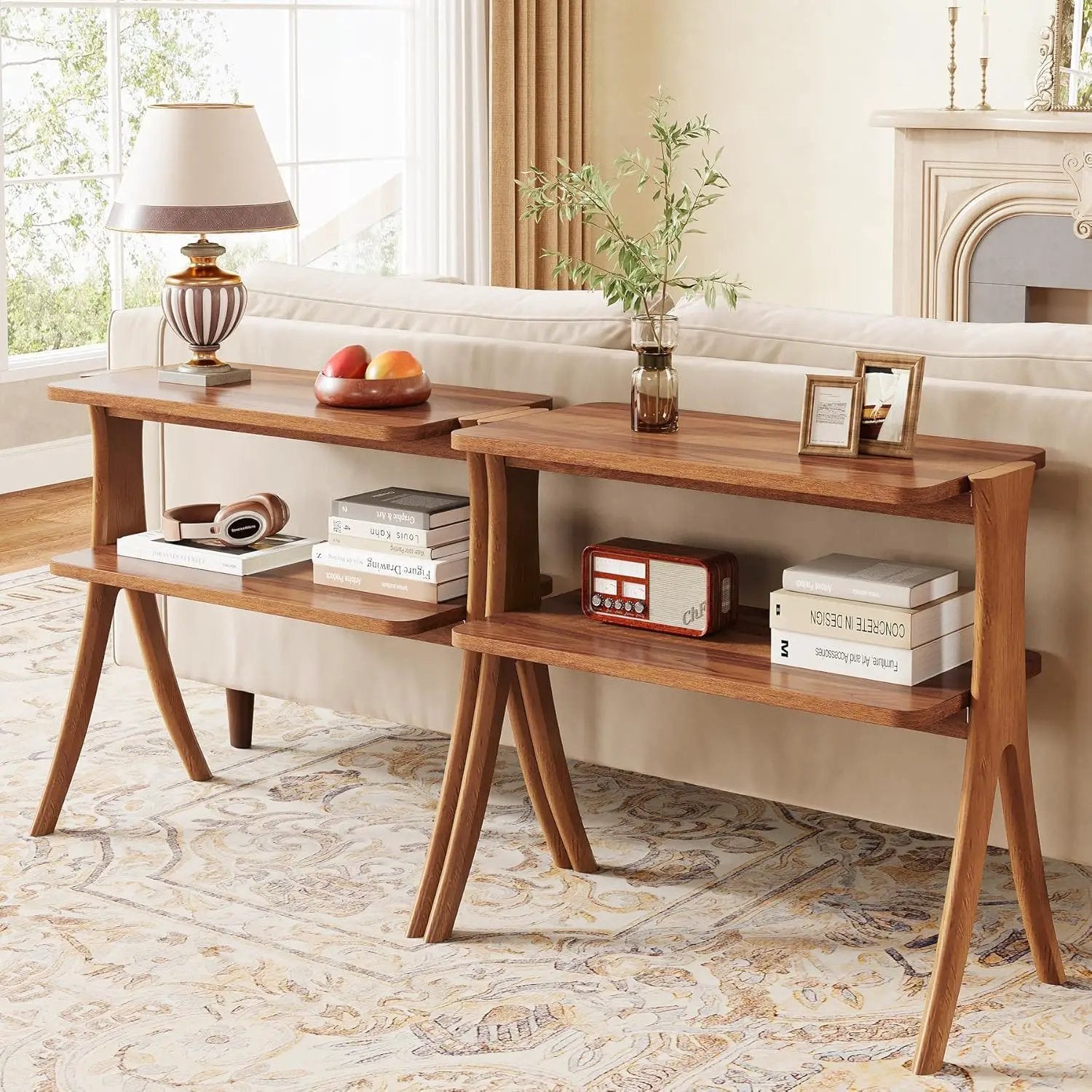 Narrow 2 Tier Side Slim Accent Table For Living Bedroom Or Entryway, Space Saving Furniture With Storage Shelf - Walnut by HouseOfZazla
