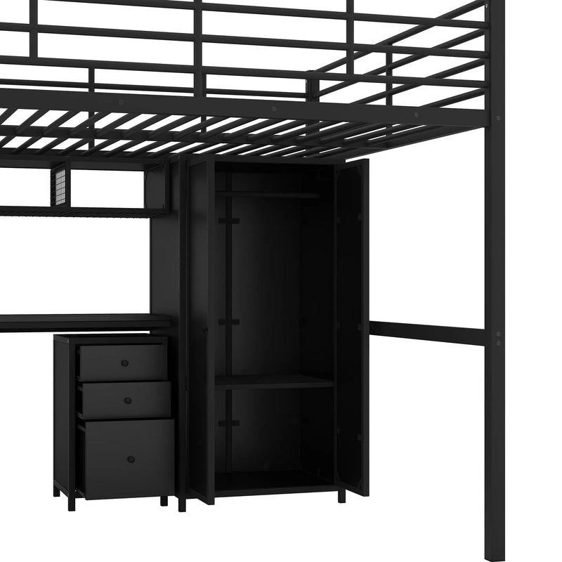 Full Size Loft Bed With Desk Set And Wardrobe - Black by HouseOfZazla