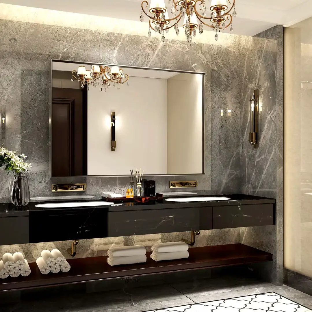40X30" Silver Rectangular Wall-Mounted Beveled Bathroom Mirror, Square Angle Metal Frame Wall Mounted Bathroom Mirrors For Wall (Horizontal & Vertical) - Silver by HouseOfZazla
