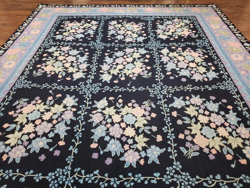 Chinese Needlepoint Rug 8 x 11.4, Hand-Woven Area Carpet, Flatweave Rug, Black Blue Light Violet Floral Garden European Design Wool Aubusson by Jewel Rugs