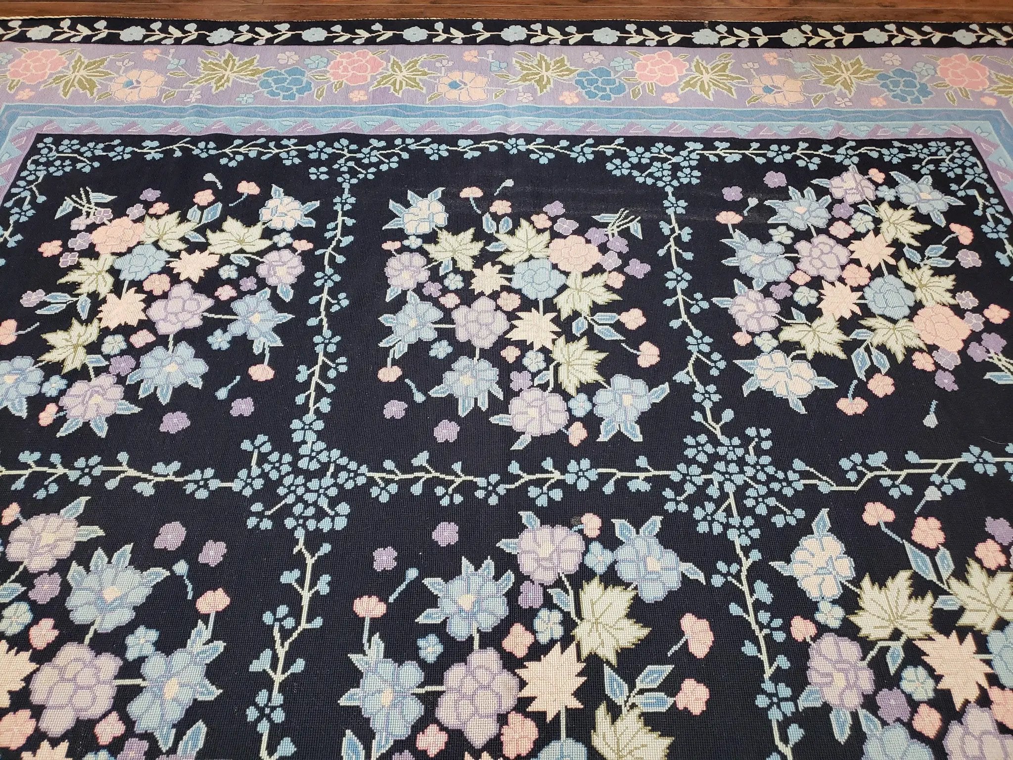 Chinese Needlepoint Rug 8 x 11.4, Hand-Woven Area Carpet, Flatweave Rug, Black Blue Light Violet Floral Garden European Design Wool Aubusson by Jewel Rugs