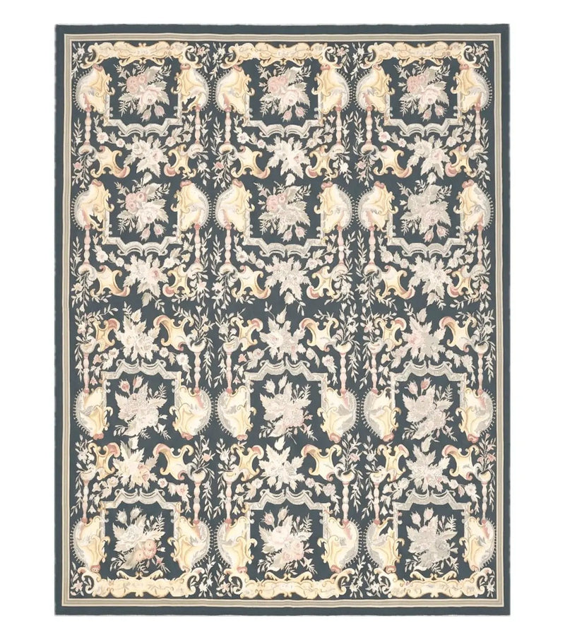 Vintage Black Aubusson Area Rug 8x10, Large Flowers Chinese Aubusson Carpet 7.9 x 10, Wool Hand-Knotted Floral Pattern Flat Weave Rug Nice by Jewel Rugs