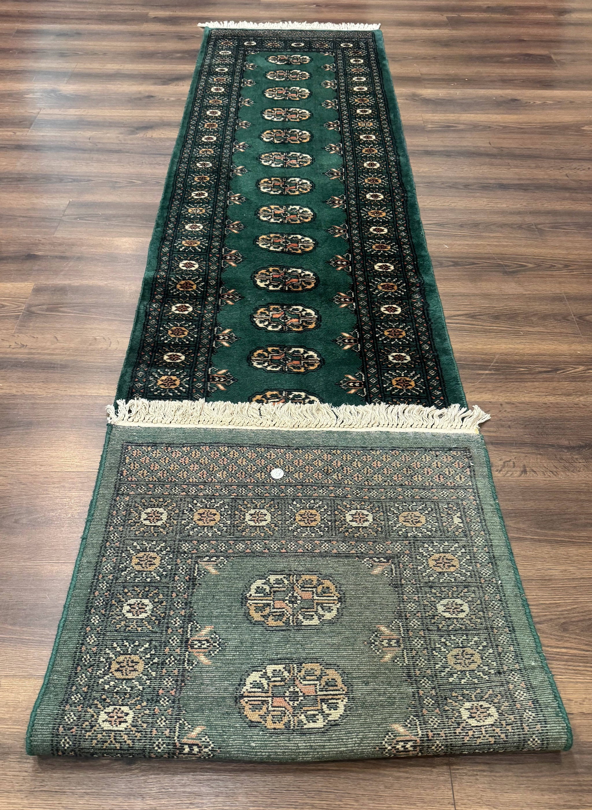 Pakistani Bokhara Runner Rug 2.5 x 11, Green Turkoman Wool Runner for Hallway by Jewel Rugs